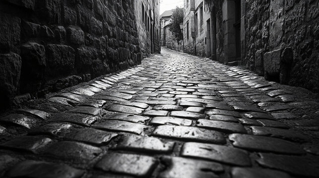 1900 cobblestone alley in a quaint European town.
