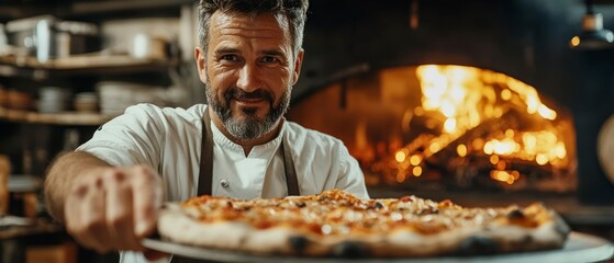 Smiling chef proudly presents freshly baked pizza from wood-fired oven, showcasing culinary expertise and dedication.