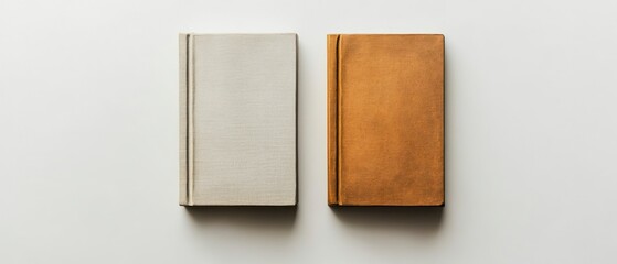 Fototapeta premium Two books, one in beige and one in tan, rest side by side in minimalist arrangement, offering opportunity for learning.