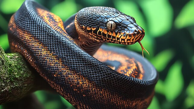 Detailed 3d Render of a Python Wrapped Around a Tree Branch In a Green Forest Background Showing Its Exotic Patterned Scales and Focused Eyes From a Front View