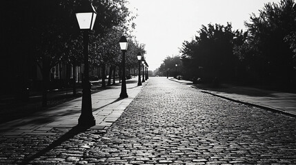 1900 cobblestone street lined with vintage lampposts.