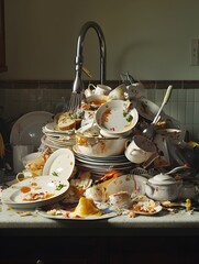 Photo of a pile of dirty dishes stacked in a kitchen sink awaiting cleaning