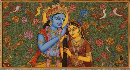 Obraz premium Radha Krishna eternal love represented in traditional Indian miniature art