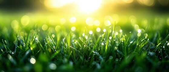 Obraz premium Blades of grass glisten, reflecting sunlight, creating bokeh effect, suggesting freshness, serenity, peace.