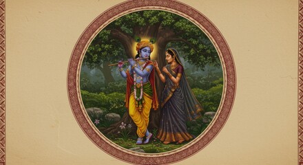 Divine union artwork portraying Krishna and Radha against a natural scenery