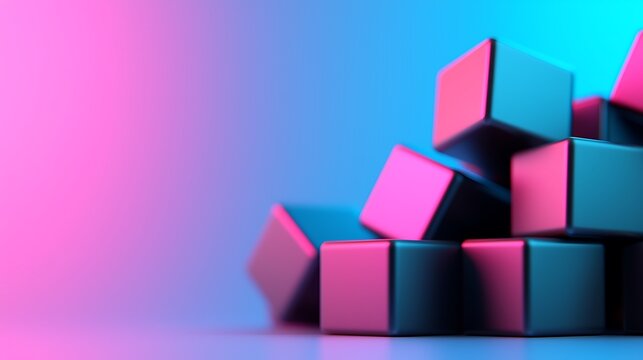 Fototapeta Abstract Holographic Cubes Background with Pink and Blue Glowing 3D Render