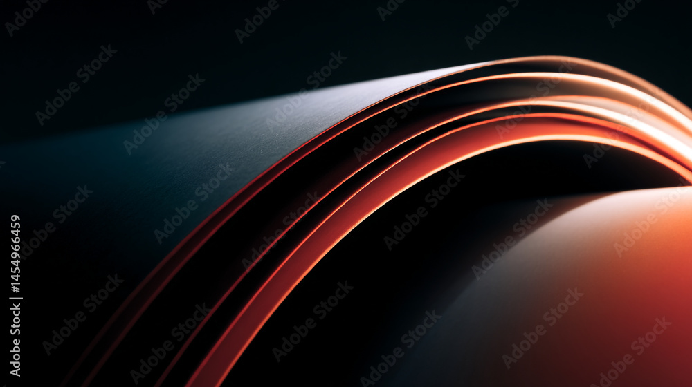 Poster abstract image showing curved sheets with orange edges against a dark background