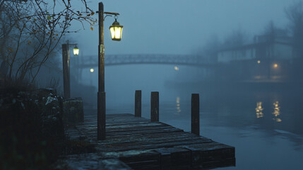 1900 early morning scene at a foggy riverside dock.