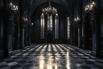 Dark, gothic hall with high vaulted ceilings, ornate details, and stained-glass windows.  Checkered floor reflects light.  Richly furnished with dark furniture and chandeliers.  Mysterious ambiance