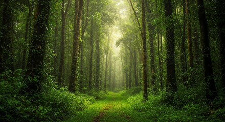 Fototapeta premium Lush Green Forest Path with Sunlight