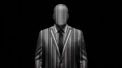 Pinstriped suited man with obscured face in stylized black and white design
