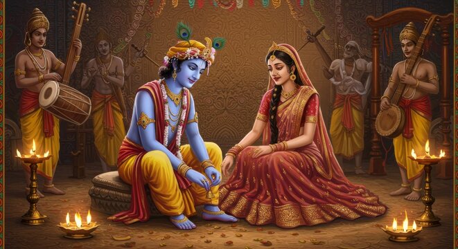 Divine love story representation of hindu deities radha and krishna in a golden setting