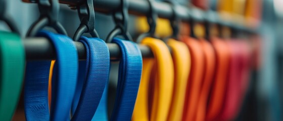 Fototapeta premium Resistance bands hang ready for strength training offering varied resistance levels.