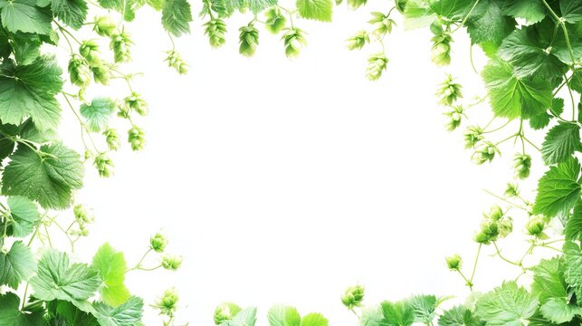 Fresh green hops leaves and cones border frame white background vine beer plant vivid image photo