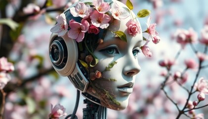 Floral android amidst blossoming branches, a fusion of technology and nature in a serene, stylized composition