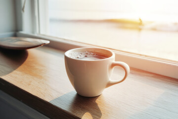 Obraz premium A white coffee cup rests on a wooden windowsill in an office, with sunlight illuminating the warm beverage as a serene view unfolds outside