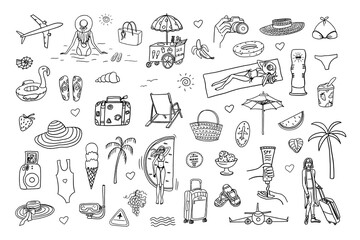 Set of summer time theme elements. Girl in a beach hat, girl with suitcase. Palms, swimsuit, plane, drink, surf, shells, starfish, beach. Travel design. Adventure. Hand drawn