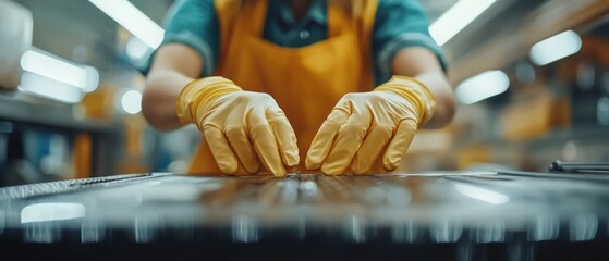 Factory worker, wearing yellow gloves and apron, arranges objects on an assembly line with precision and care.