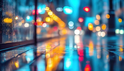 Fototapeta premium Rainy Night Cityscape: Blurry Lights Reflecting on Wet Pavement