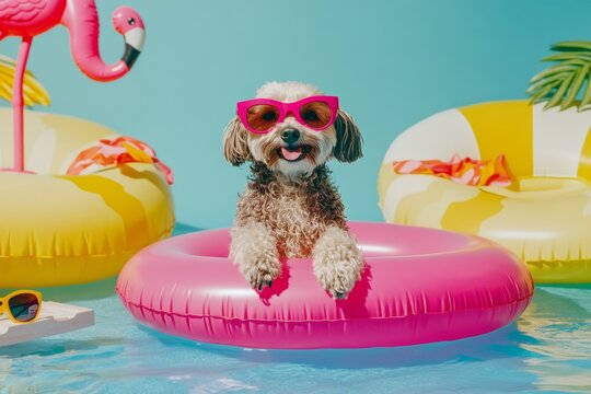 Cute dog in sunglasses relaxing in pool with pink float
