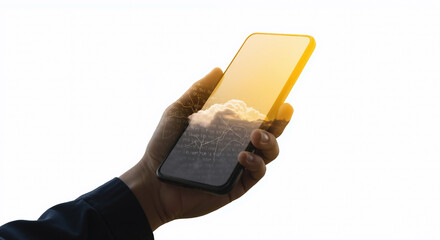 Hand holding smartphone with glowing yellow interface and data visualization. Mobile technology with financial analytics overlay. Digital transformation concept. fintech apps, mobile banking services