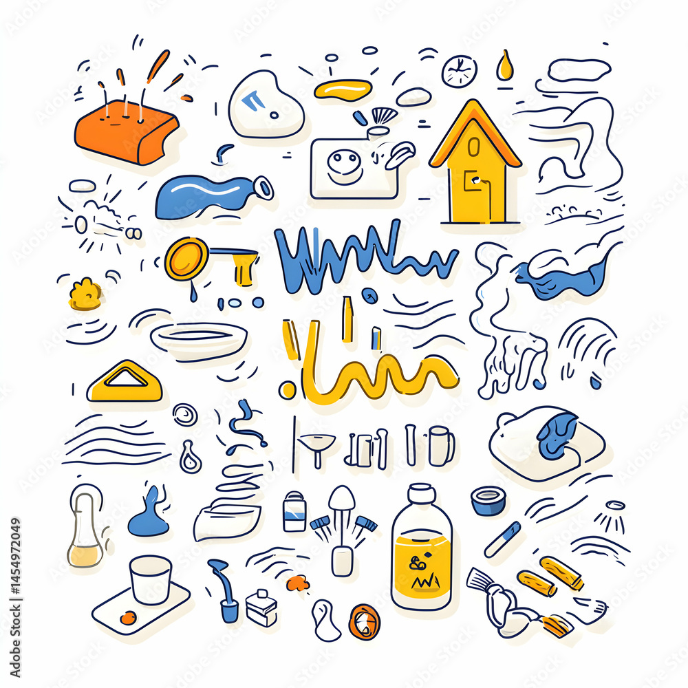 Poster a whimsical doodle illustration featuring various objects. this could be used in a game design or a 