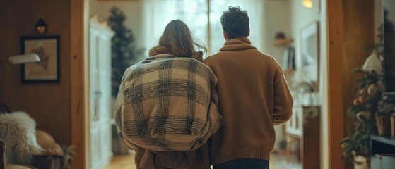 Fototapeta premium Couple walking into hallway embracing warm feelings wrapped in blanket.