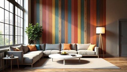 Modern Living Room Interior Design with Colorful Striped Wall