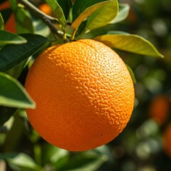 Vibrant Ripe Orange Hanging on an Orange Tree Branch