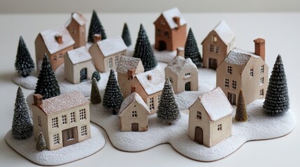 Charming miniature winter village scene with snowy houses and trees.
