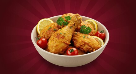 A bowl of fried chicken with lemon wedges and tomatoes against a maroon colored background