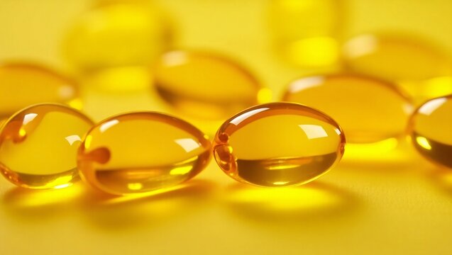 Close-up of Shiny Yellow Capsules Health Supplements, Vitamins, and Wellness