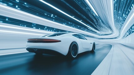 Fototapeta premium Futuristic white sports car driving through a tunnel