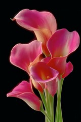 Vibrant Pink Calla Lilies in a Striking Composition Against a Black Background