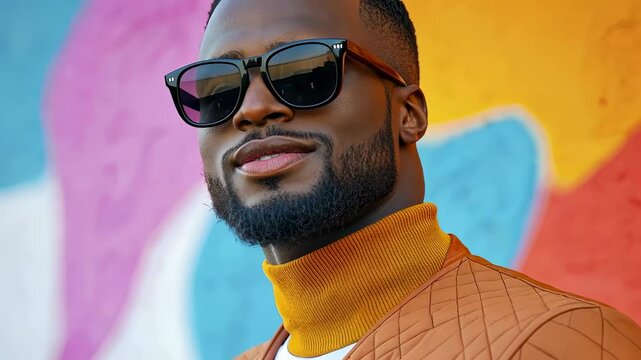 Stylish man in sunglasses against a colorful mural background