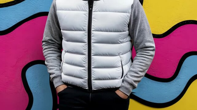 Casual man in stylish puffer vest against vibrant street art background