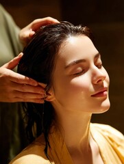 Naklejka premium Relaxed Young Woman Enjoying Head and Hair Wash at a Spa
