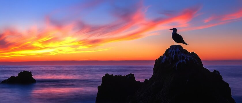 Seagull perches atop rocky outcrop silhouetted against vibrant sunset reflecting over ocean waves, evoking serene twilight mood.