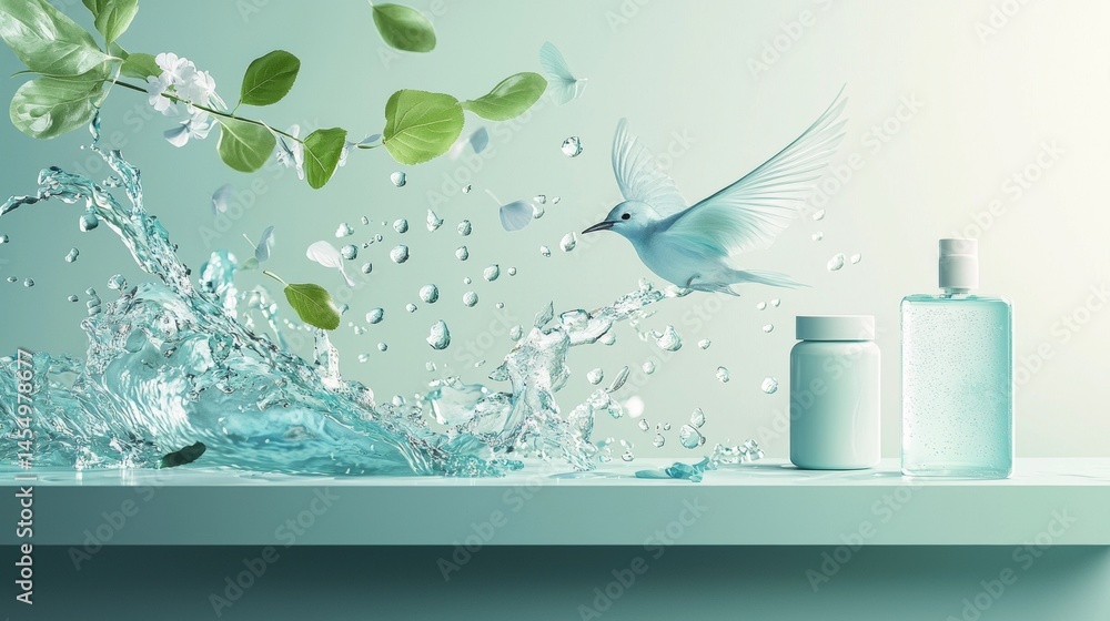 Poster minimalist spa concept with flying water splash and container