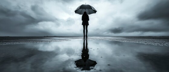Young woman holding umbrella standing in reflective water with dark clouds exhibits contemplation and solitude.