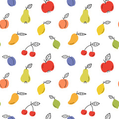 Doodle fruits seamless pattern. Hand drawn pear, apple, lemon, mango, cherry, lime, plum and peach. Summer cute vector colorful background.