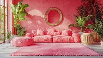 Vibrant pink living room with tropical plants and a cozy sofa