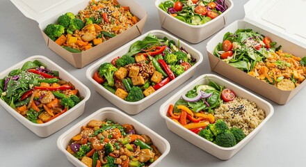 Variety of Healthy Food Bowls with Vegetables and Grains