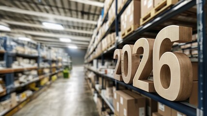 Cardboard numbers 2026 placed in a large warehouse aisle. Logistics and planning concept for new year