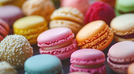Fototapeta premium Assorted pastel macarons with sugar toppings and colorful background