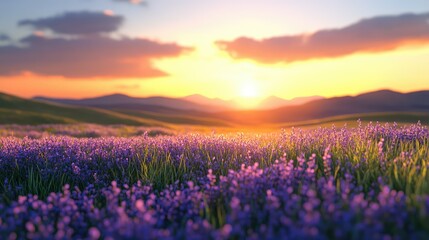 Fototapeta premium Lavender field at sunset, mountain view
