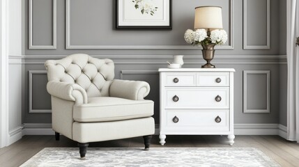 Elegant cream armchair and chest of drawers in a refined room.