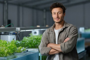 Fototapeta premium Aquaponic system engineer in diffused greenhouse lighting indoor farm portrait innovative environment