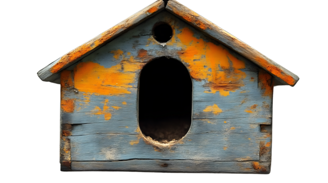 Old weathered wooden birdhouse rustic gray and orange paint textured surface entrance hole