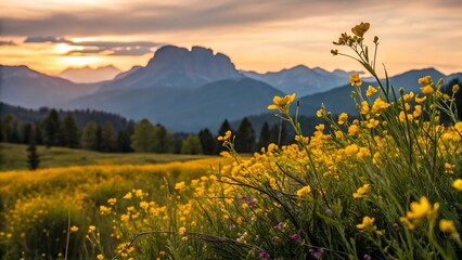 A breathtaking panoramic view unfolds, golden flowers swaying gently in the foreground, leading the eye towards a majestic mountain range. the serene scene exudes tranquility.